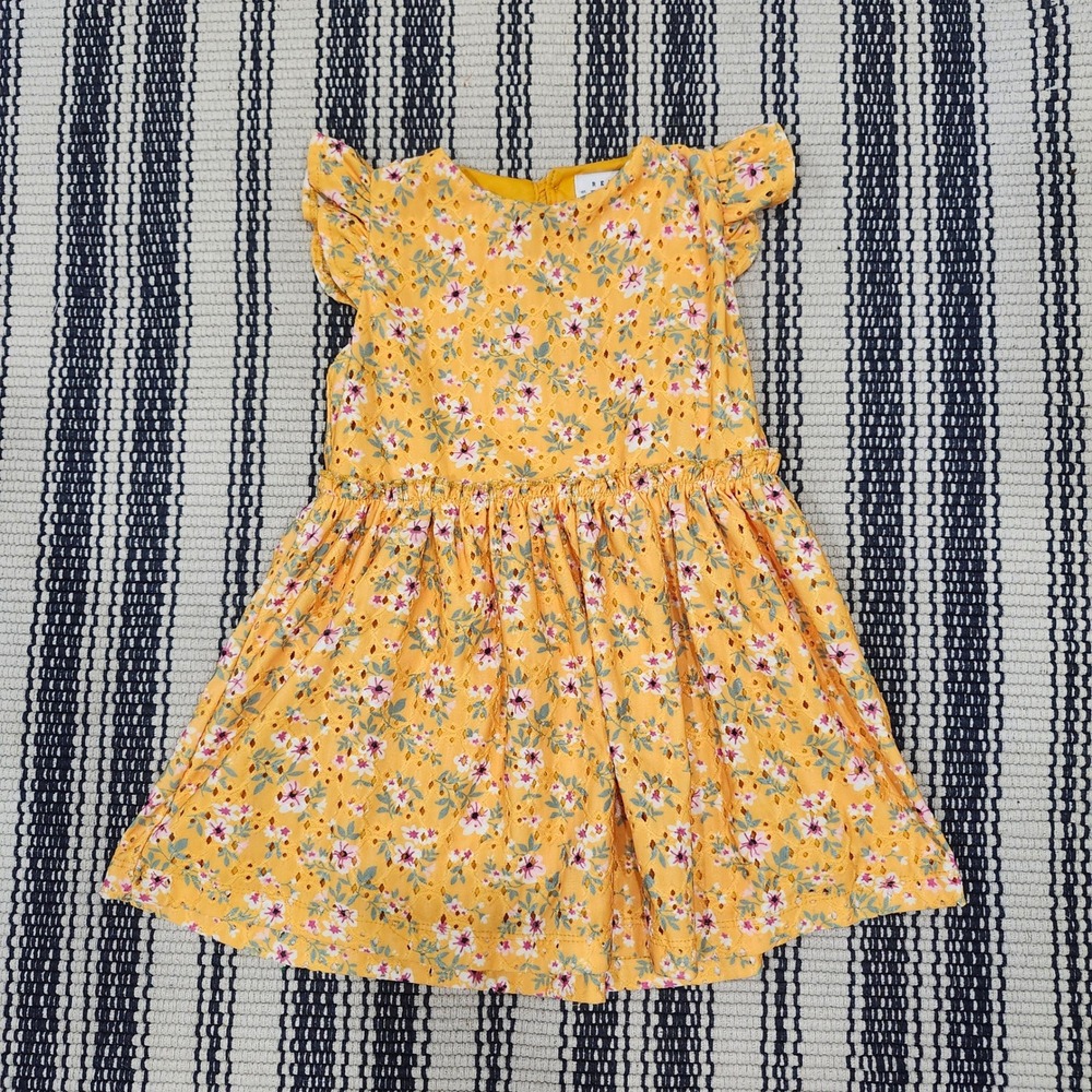 Refill New York Mustard Yellow Floral Eyelet Flutter Sleeve‎ Kids Dress